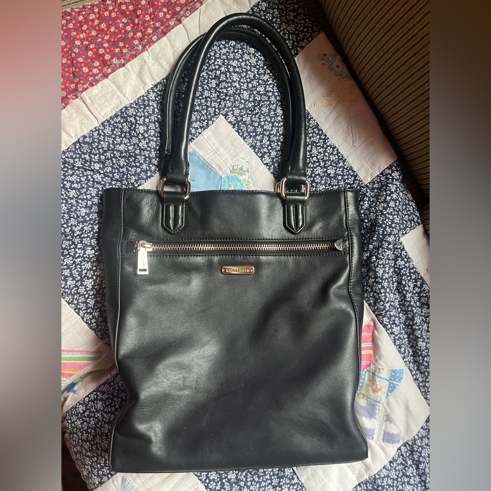 Cole Haan Black Leather Bag with Gold Accents